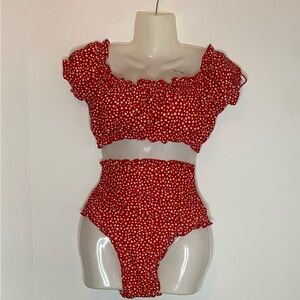SHEIN curvy women’s 1X off the shoulder red & white high waisted bathing suit.
